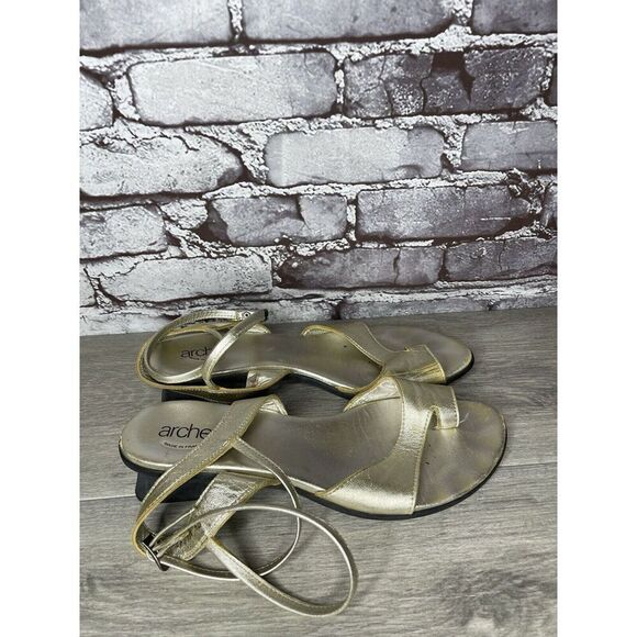 ARCHE France Gold Leather Strappy Wedge Toe Post Sandals Women Sz 41EU/10.5M US - Picture 2 of 16